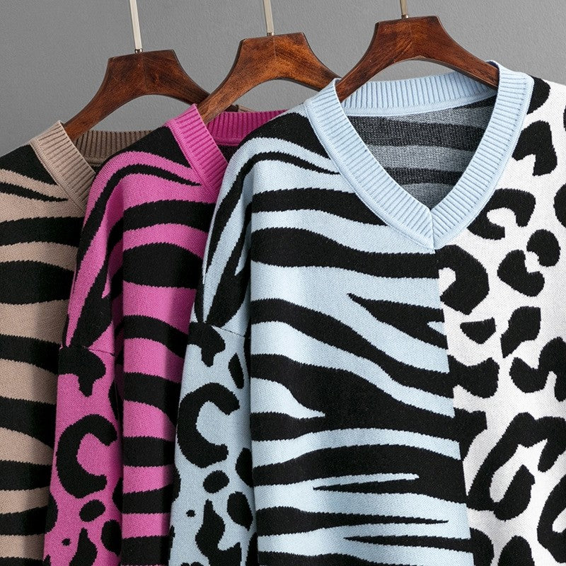 Zebra And Leopard Print Patchwork Sweater