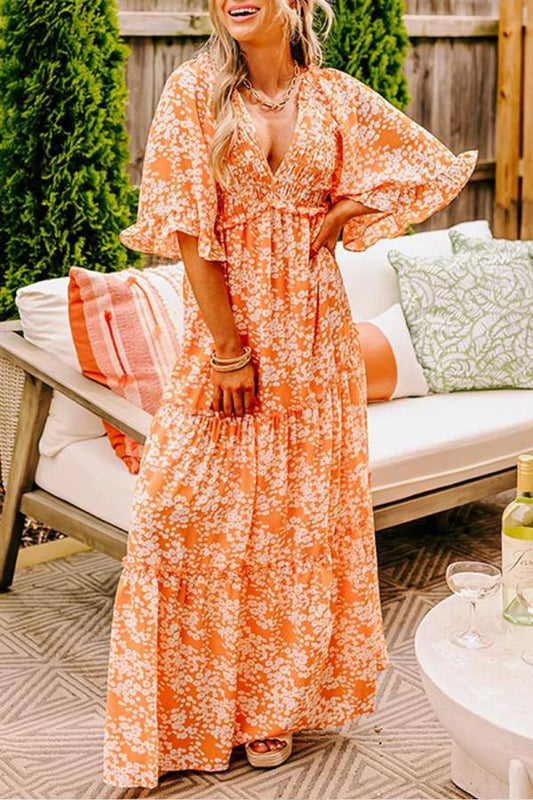 Orange Floral Print Smocked V Neck Bell Sleeve Maxi Dress