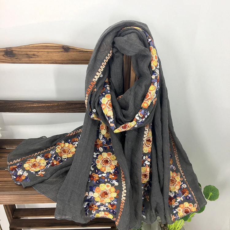 Embroidery Ethnic Style Literary And Artistic Embroidery Cotton And Linen Scarf Shawl Dual-Purpose Women'S Spring, Autumn And Winter Silk Scarf