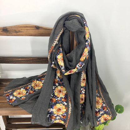 Embroidery Ethnic Style Literary And Artistic Embroidery Cotton And Linen Scarf Shawl Dual-Purpose Women'S Spring, Autumn And Winter Silk Scarf