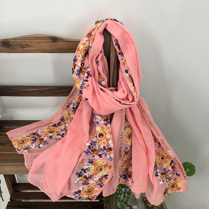 Embroidery Ethnic Style Literary And Artistic Embroidery Cotton And Linen Scarf Shawl Dual-Purpose Women'S Spring, Autumn And Winter Silk Scarf