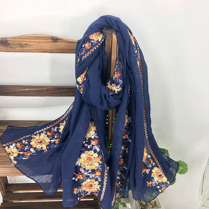 Embroidery Ethnic Style Literary And Artistic Embroidery Cotton And Linen Scarf Shawl Dual-Purpose Women'S Spring, Autumn And Winter Silk Scarf