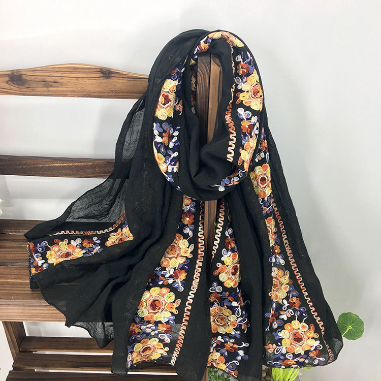 Embroidery Ethnic Style Literary And Artistic Embroidery Cotton And Linen Scarf Shawl Dual-Purpose Women'S Spring, Autumn And Winter Silk Scarf