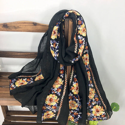 Embroidery Ethnic Style Literary And Artistic Embroidery Cotton And Linen Scarf Shawl Dual-Purpose Women'S Spring, Autumn And Winter Silk Scarf