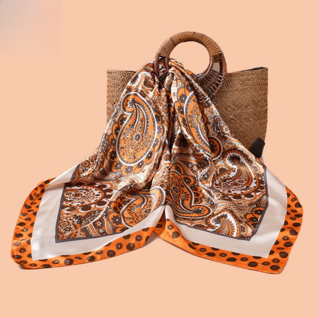 Scarvii - Vintage Paisley Silky Square Scarf - Orange/Blue