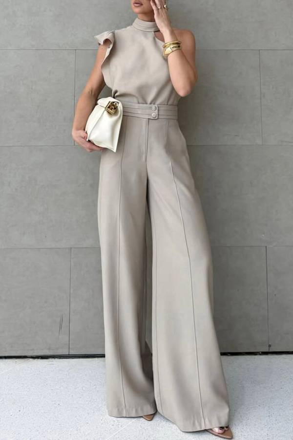 Fashionable One-shoulder Ruffled Top and Casual Simple Straight-leg Suit Pants Set