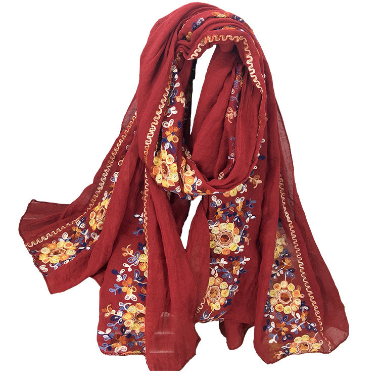 Embroidery Ethnic Style Literary And Artistic Embroidery Cotton And Linen Scarf Shawl Dual-Purpose Women'S Spring, Autumn And Winter Silk Scarf