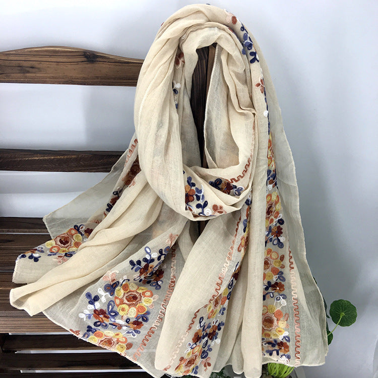 Embroidery Ethnic Style Literary And Artistic Embroidery Cotton And Linen Scarf Shawl Dual-Purpose Women'S Spring, Autumn And Winter Silk Scarf
