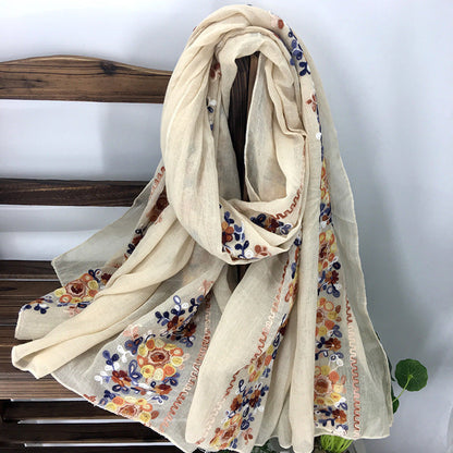 Embroidery Ethnic Style Literary And Artistic Embroidery Cotton And Linen Scarf Shawl Dual-Purpose Women'S Spring, Autumn And Winter Silk Scarf