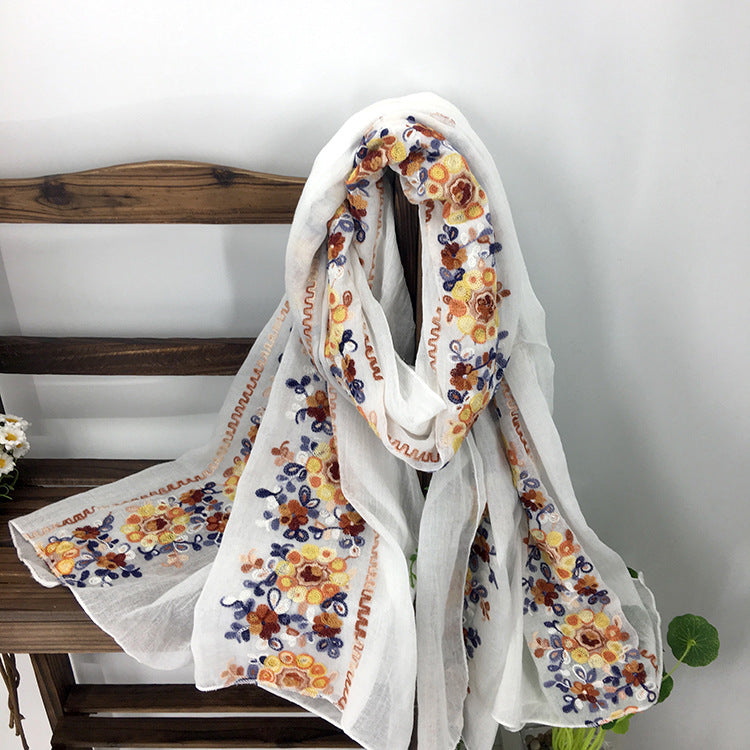 Embroidery Ethnic Style Literary And Artistic Embroidery Cotton And Linen Scarf Shawl Dual-Purpose Women'S Spring, Autumn And Winter Silk Scarf
