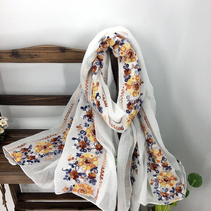 Embroidery Ethnic Style Literary And Artistic Embroidery Cotton And Linen Scarf Shawl Dual-Purpose Women'S Spring, Autumn And Winter Silk Scarf