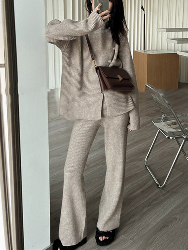 Casual Loose Solid Color Half Turtleneck Sweater Tops & Wide Leg Pants Suits