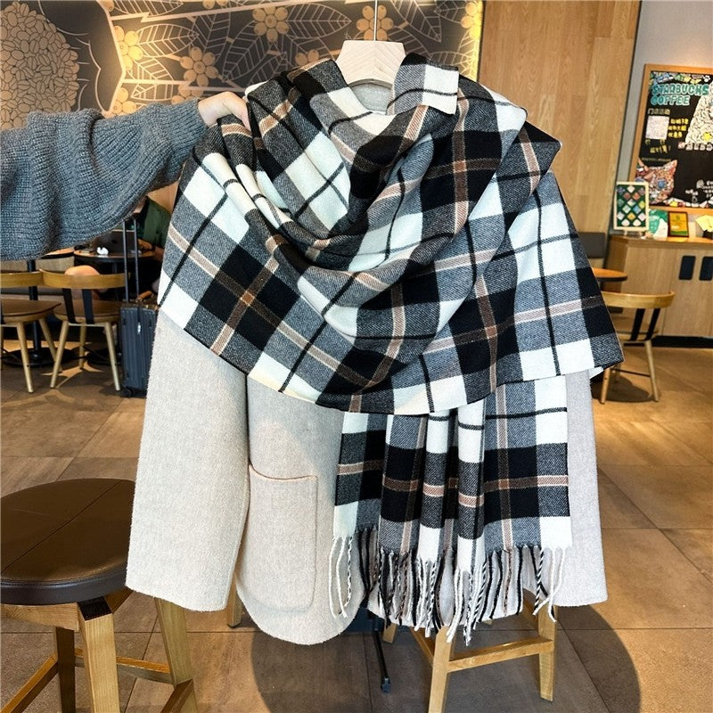 Color Block Plaid Fringe Scarf