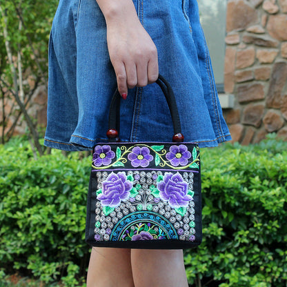 New Tibet National Canvas Women'S Bag Flower Small Square Bag Embroidered Double Pull Lock Lady Handbag