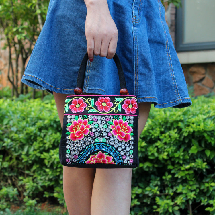 New Tibet National Canvas Women'S Bag Flower Small Square Bag Embroidered Double Pull Lock Lady Handbag