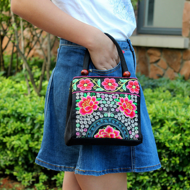 New Tibet National Canvas Women'S Bag Flower Small Square Bag Embroidered Double Pull Lock Lady Handbag