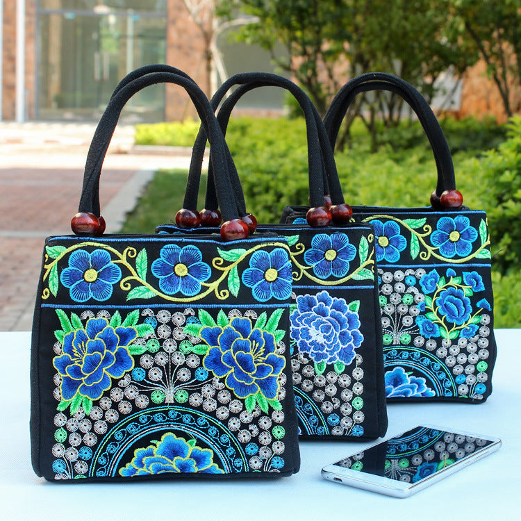 New Tibet National Canvas Women'S Bag Flower Small Square Bag Embroidered Double Pull Lock Lady Handbag