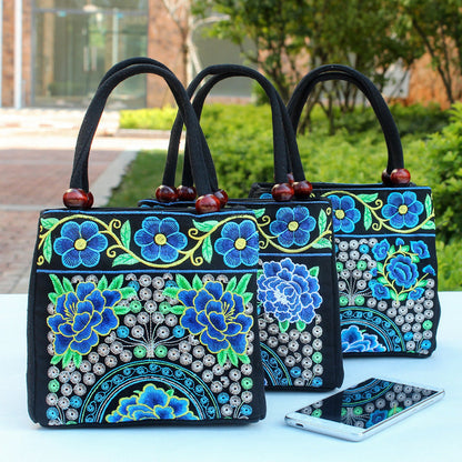 New Tibet National Canvas Women'S Bag Flower Small Square Bag Embroidered Double Pull Lock Lady Handbag