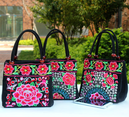 New Tibet National Canvas Women'S Bag Flower Small Square Bag Embroidered Double Pull Lock Lady Handbag