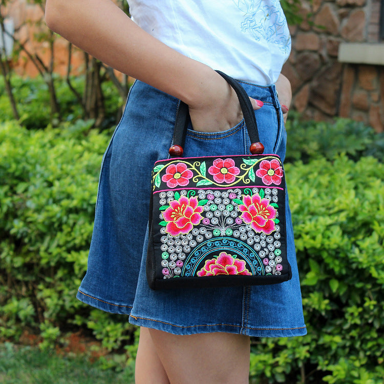 New Tibet National Canvas Women'S Bag Flower Small Square Bag Embroidered Double Pull Lock Lady Handbag