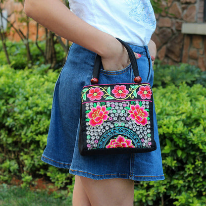 New Tibet National Canvas Women'S Bag Flower Small Square Bag Embroidered Double Pull Lock Lady Handbag