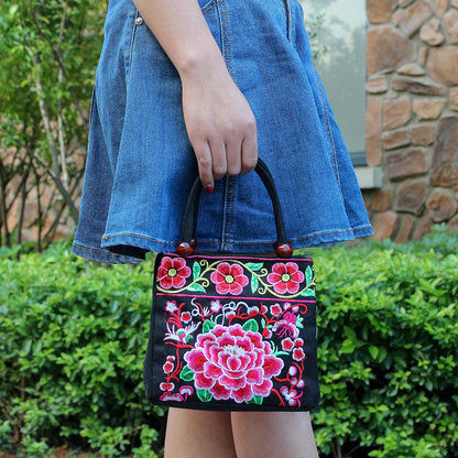 New Tibet National Canvas Women'S Bag Flower Small Square Bag Embroidered Double Pull Lock Lady Handbag