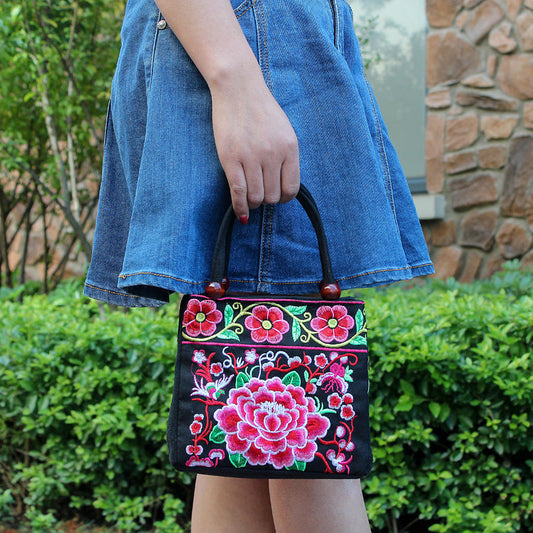 New Tibet National Canvas Women'S Bag Flower Small Square Bag Embroidered Double Pull Lock Lady Handbag