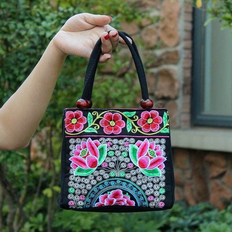 New Tibet National Canvas Women'S Bag Flower Small Square Bag Embroidered Double Pull Lock Lady Handbag