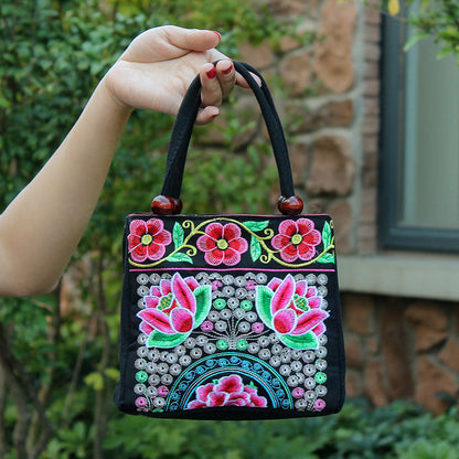 New Tibet National Canvas Women'S Bag Flower Small Square Bag Embroidered Double Pull Lock Lady Handbag