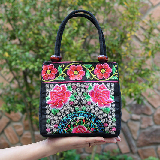 New Tibet National Canvas Women'S Bag Flower Small Square Bag Embroidered Double Pull Lock Lady Handbag