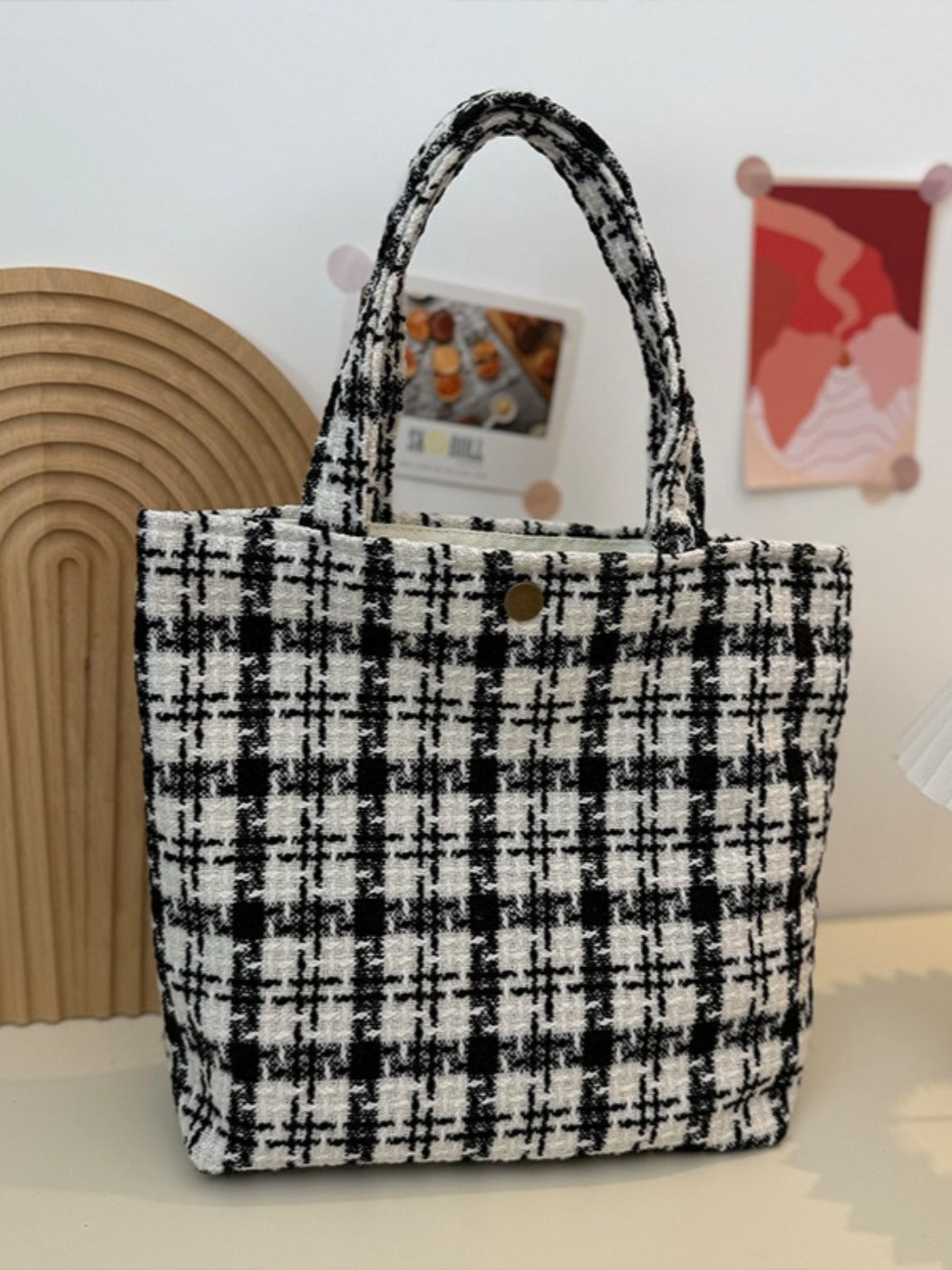 Cosbai - Canvas Small Tote with Plaid Patterns