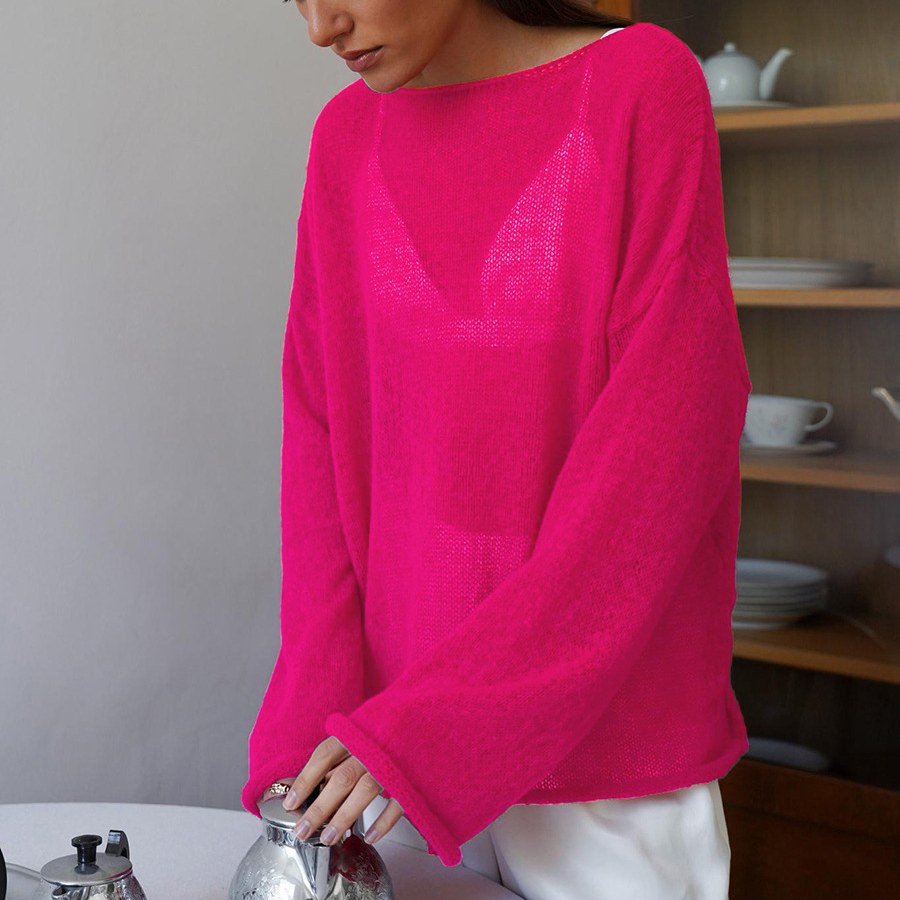 Solid Color See Through Flare Sleeves Knit Top