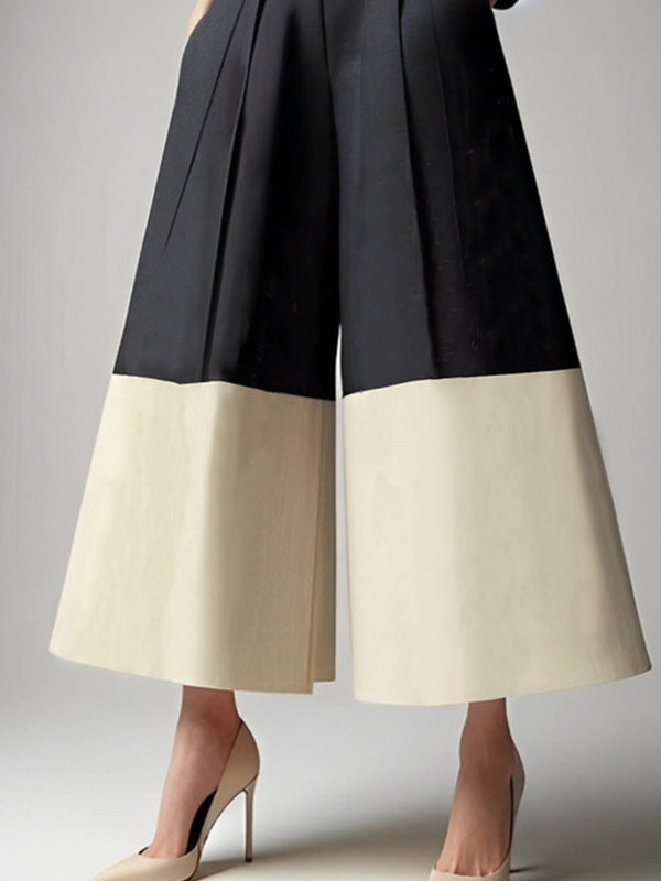 High Waisted Loose Contrast Pleated Pocket Pants Cotton Blend