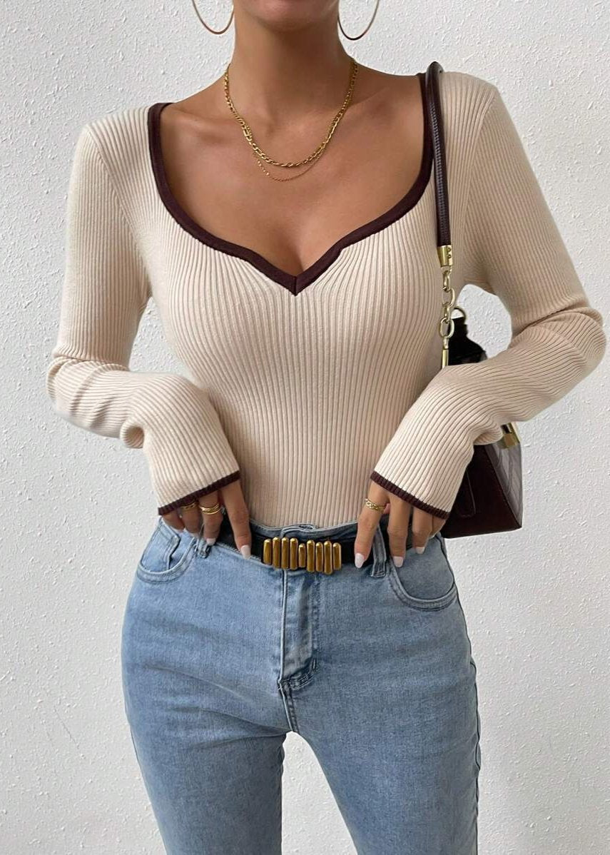 Ribbed Knit V Neck Sweater with Contrast Trim