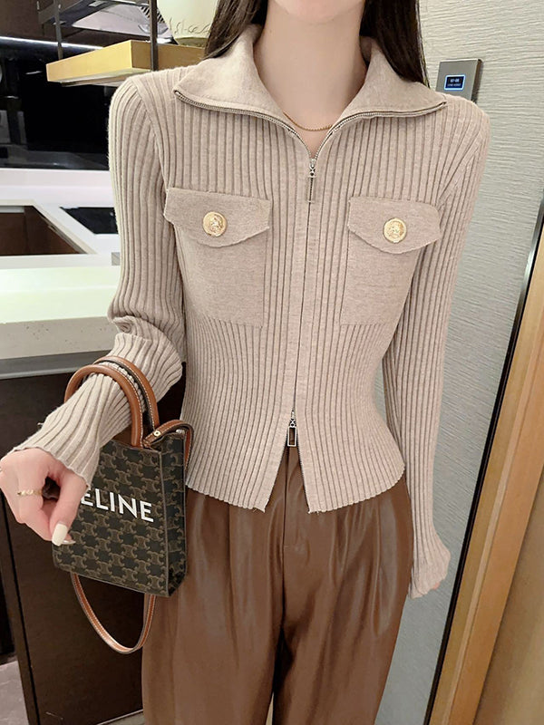 Solid Color Retro Pockets  Zipper Long Sleeves Stand Collar Sweater