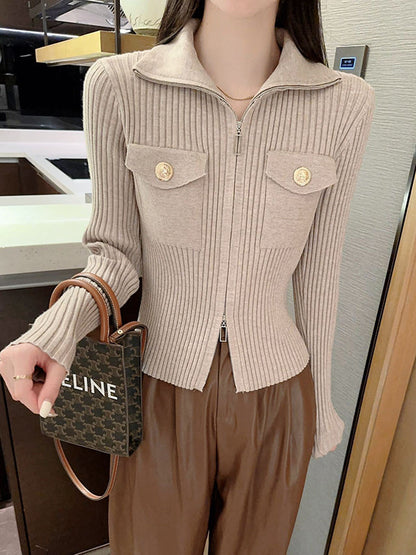Solid Color Retro Pockets  Zipper Long Sleeves Stand Collar Sweater