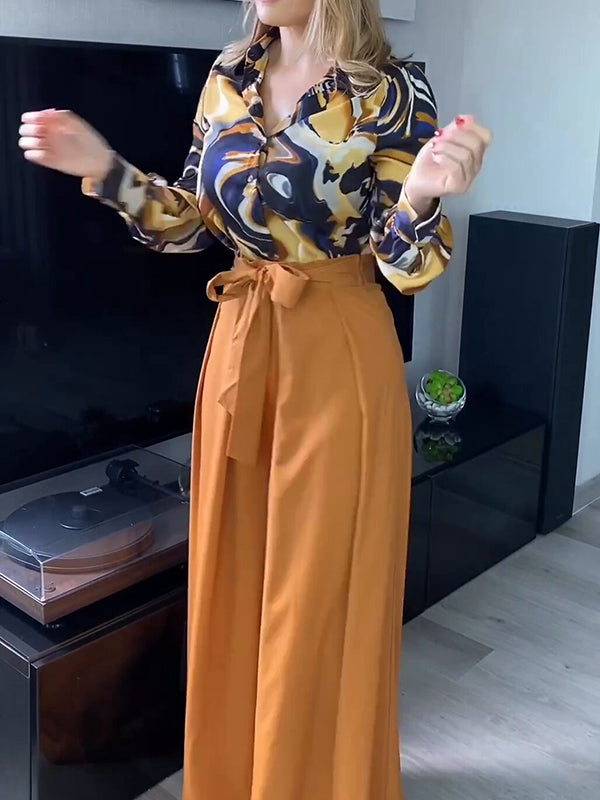 Printed Long Sleeves Buttoned Lapel Blouse + Tied Waist High Waisted Wide Leg Pants Two Pieces Set