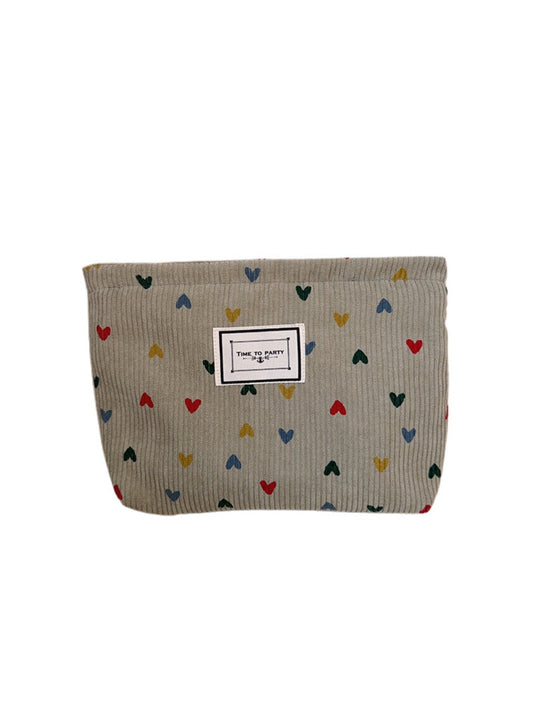 Cosbai - Corduroy Zippered Makeup Pouch with Heart-shaped Patterns