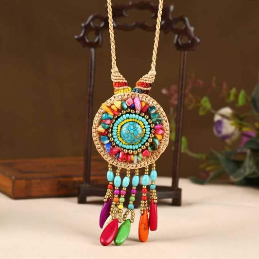 Hand-Woven Folk Style Tibet Turquoise Spike Long Necklace