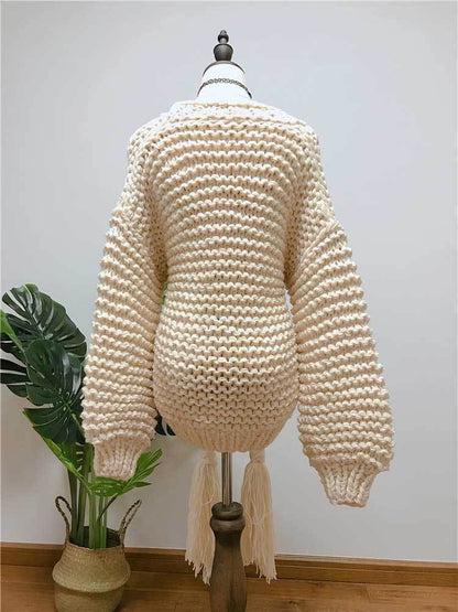 Knitting Loose Tassel Straps Long Sleeve Cardigan Sweater
