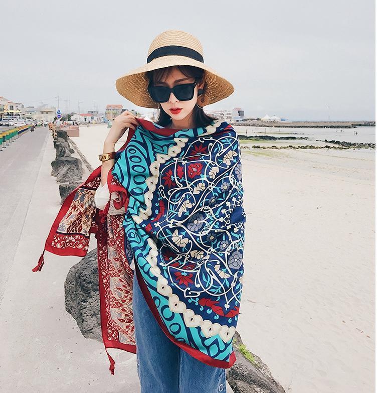 Blue Women Bohemia Floral Tassels Scarf&Cap