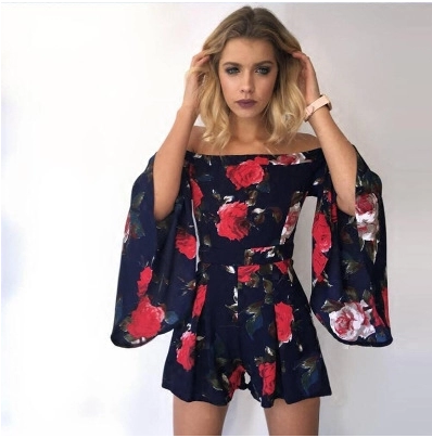 Floral Print Off Shoulder Flared Sleeve Boho Rompers