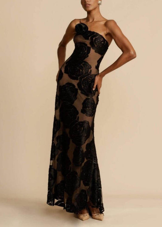 Maxi Dress Burnt Flower 3D Rose Appliqué Black