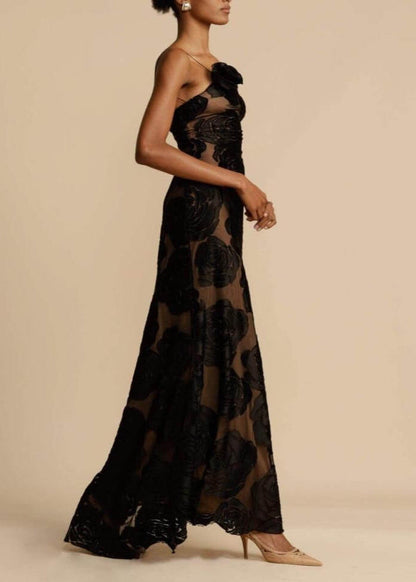 Maxi Dress Burnt Flower 3D Rose Appliqué Black