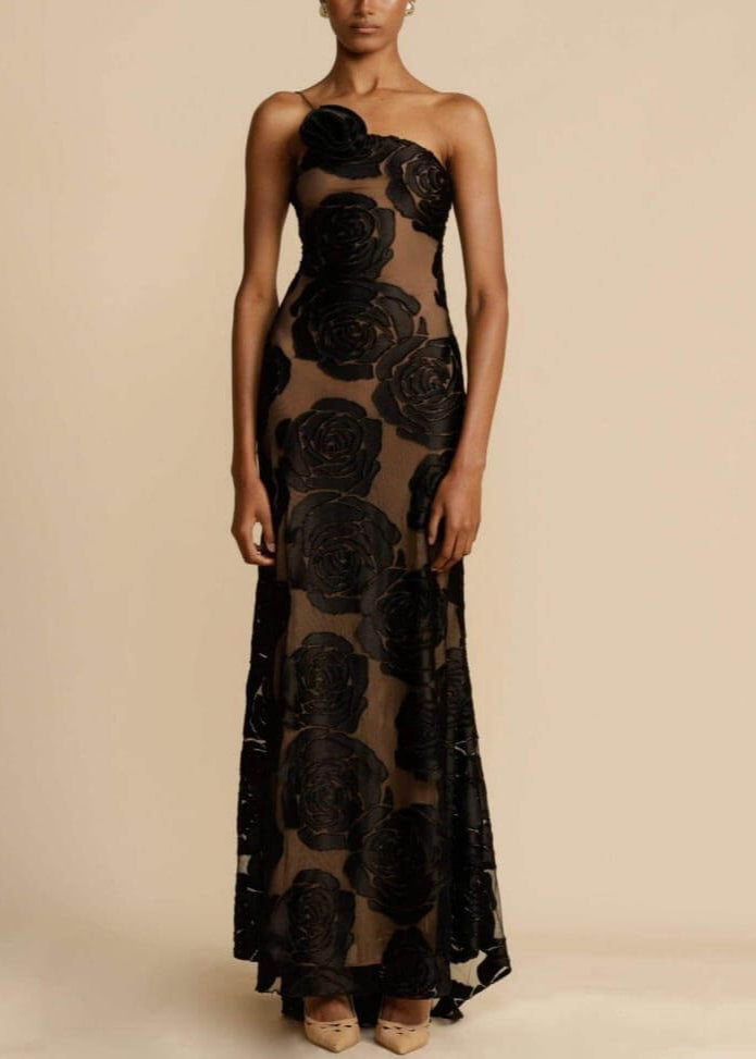 Maxi Dress Burnt Flower 3D Rose Appliqué Black