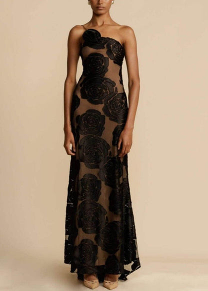 Maxi Dress Burnt Flower 3D Rose Appliqué Black