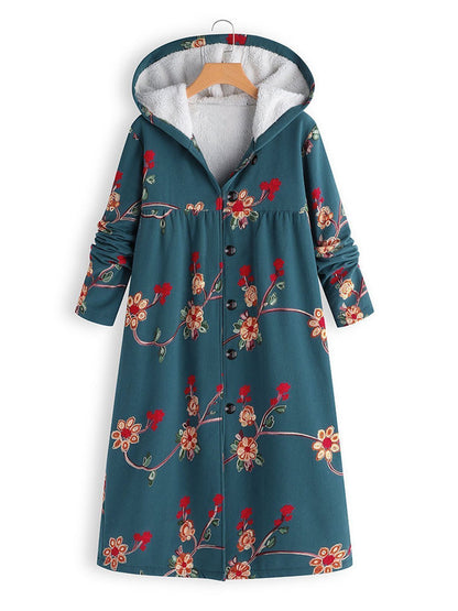 Floral Printed Long Hoodie Coat Outwear