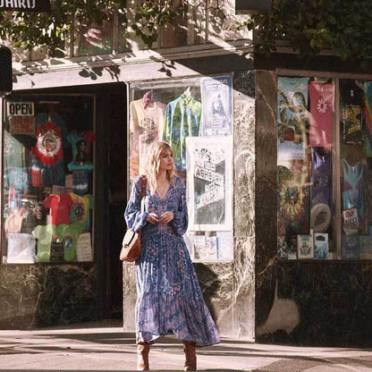 Bohemian Floral Long Sleeve V-Neck Button Maxi Loose Dress
