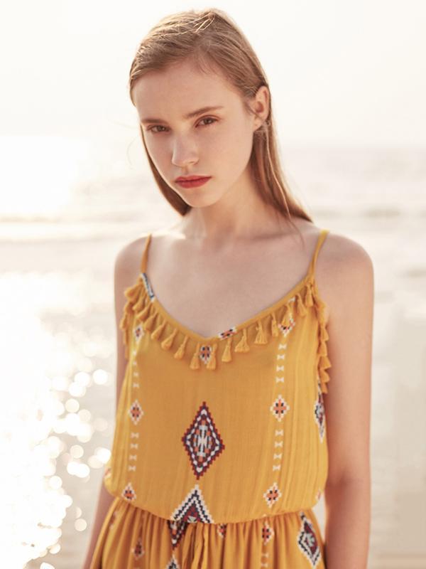 Print Spaghetti Strap Tassel Bohemia Rompers
