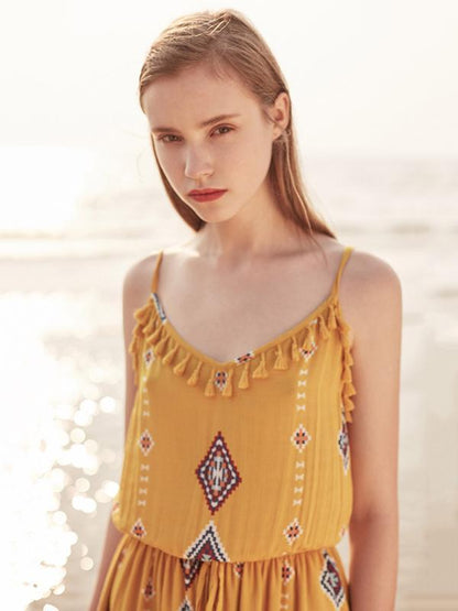 Print Spaghetti Strap Tassel Bohemia Rompers
